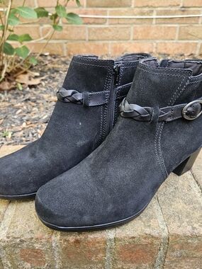 Clarks Black Suede Ankle Booties with Braided Strap